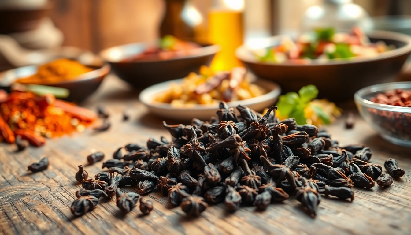 Cloves arranged beautifully on a wooden table, enhancing a warm culinary atmosphere.