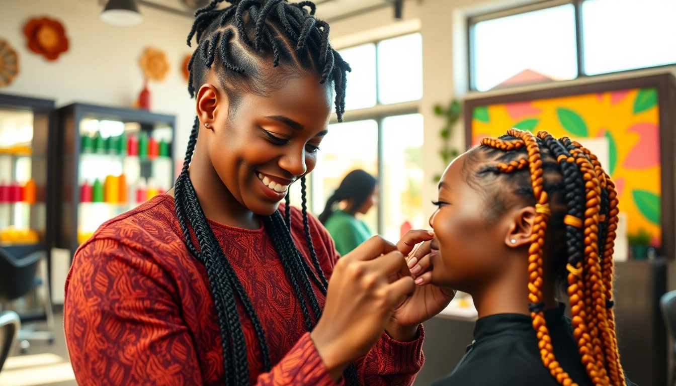 Stylist creating beautiful braids at the best african braiding salon in near me, showcasing expert techniques.