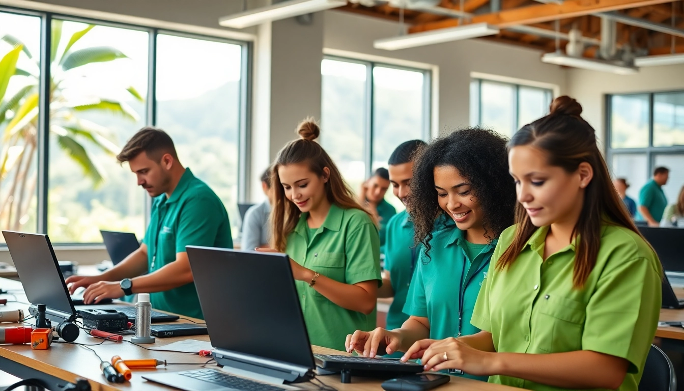 Students engage in hands-on learning at Hawaii trade schools, surrounded by a tropical environment.