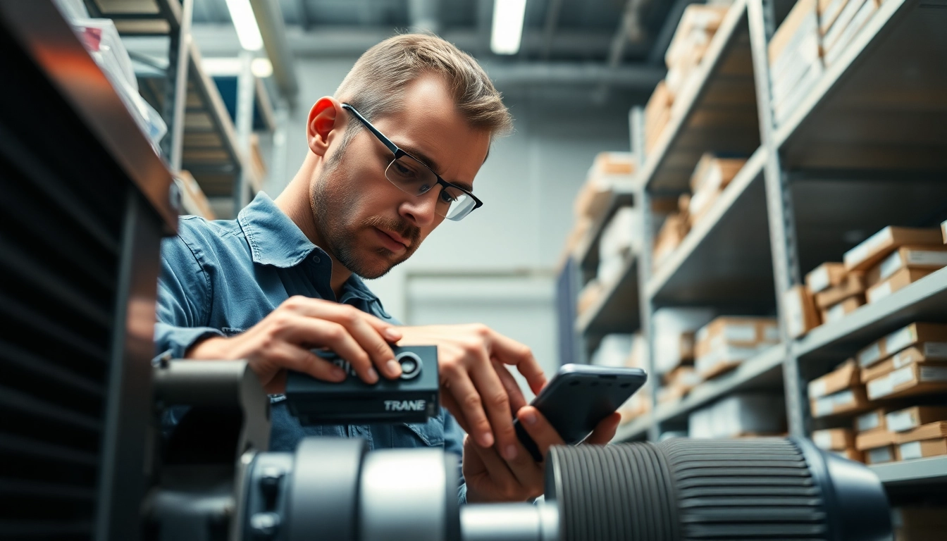 Trane parts dealer showcasing HVAC technician inspecting quality Trane components.