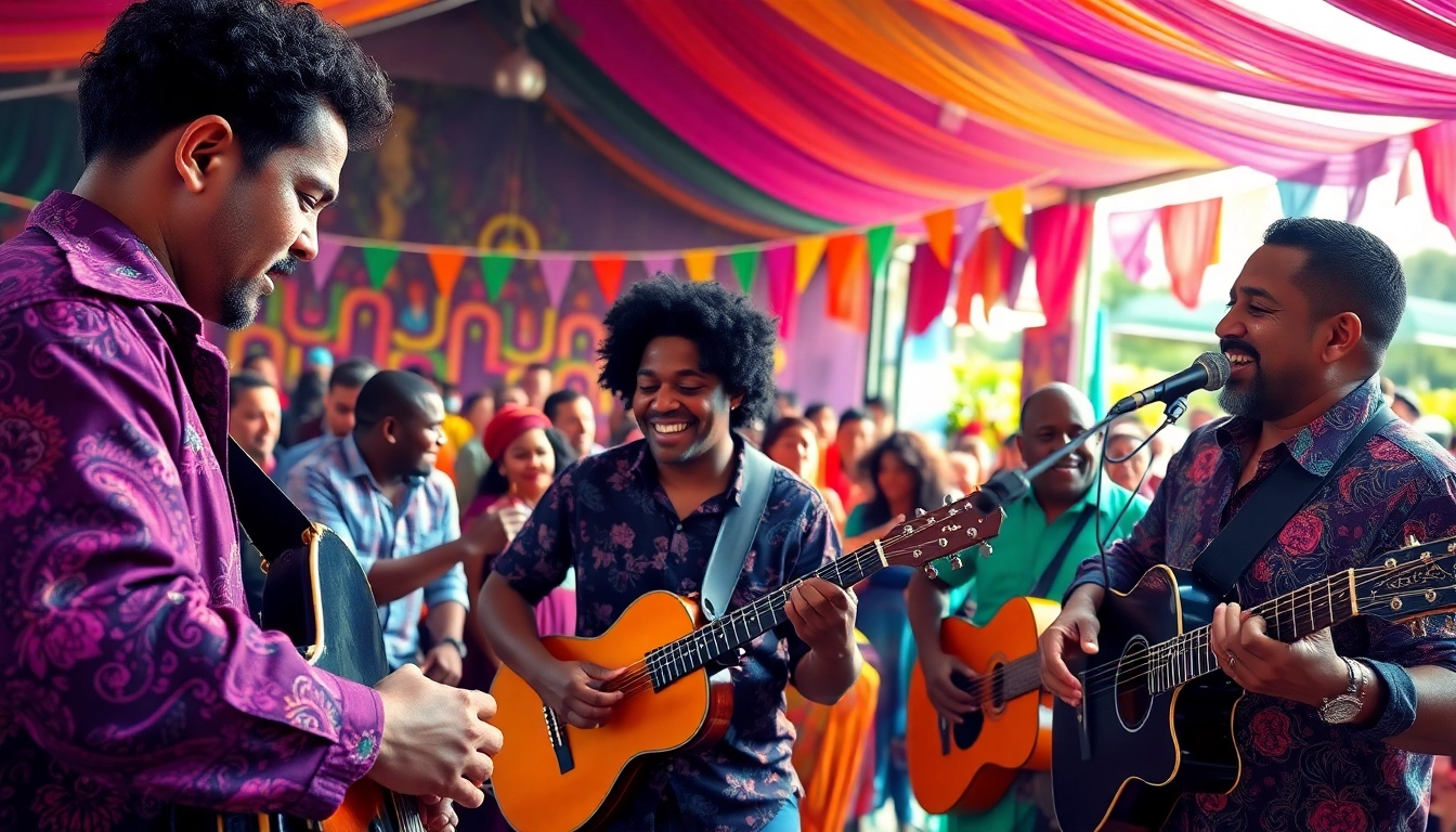 Culture celebration depicted through musicians performing lively at a vibrant festival.