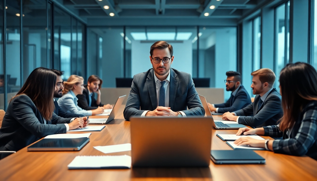 Crisis management consultant leading a discussion with a team in a modern office setting.