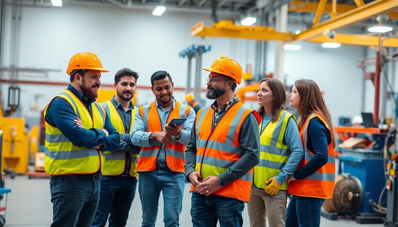 Conducting a Workplace Hazard Assessment in a safe industrial setting with a diverse team of inspectors.