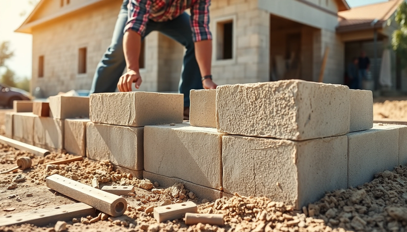 Installing footing and block walls in a professional construction setting with skilled workers at work.