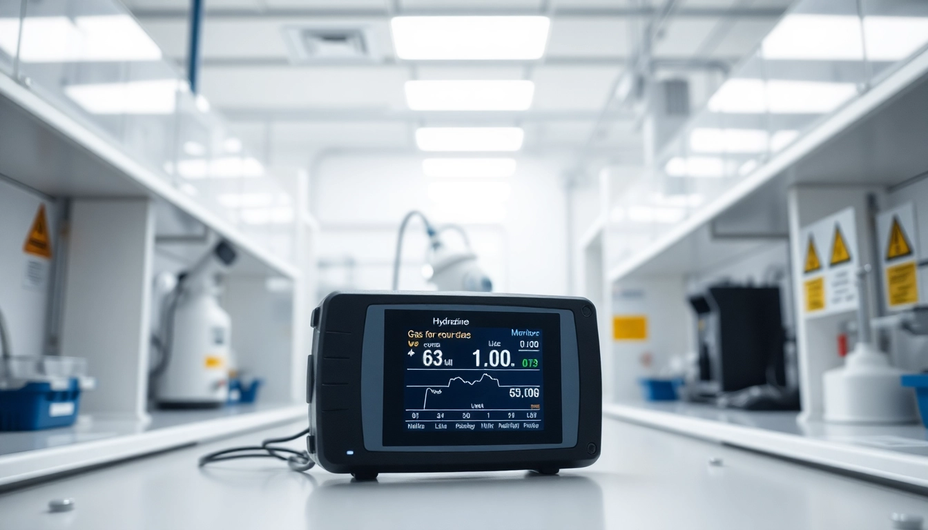 Hydrazine monitor showcasing live gas concentration levels in a professional laboratory setting.