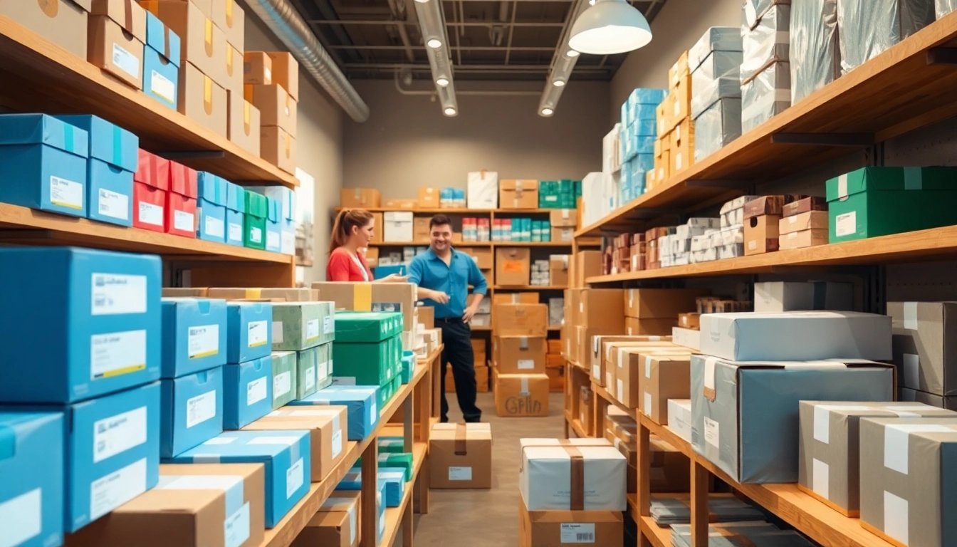 Packaging solutions displayed in a bright store, showcasing colorful boxes and customer interaction.
