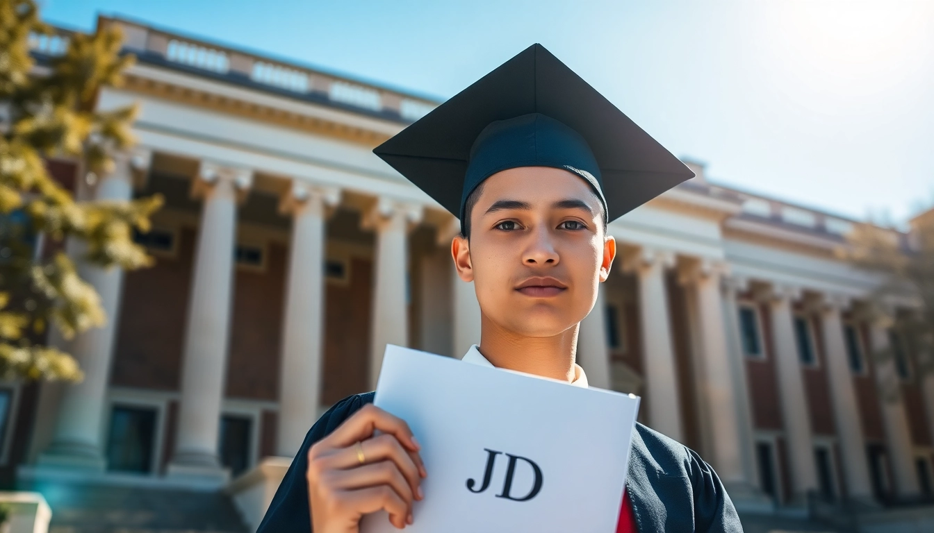 Graduate student showcasing their JD degree on a university campus with pride.