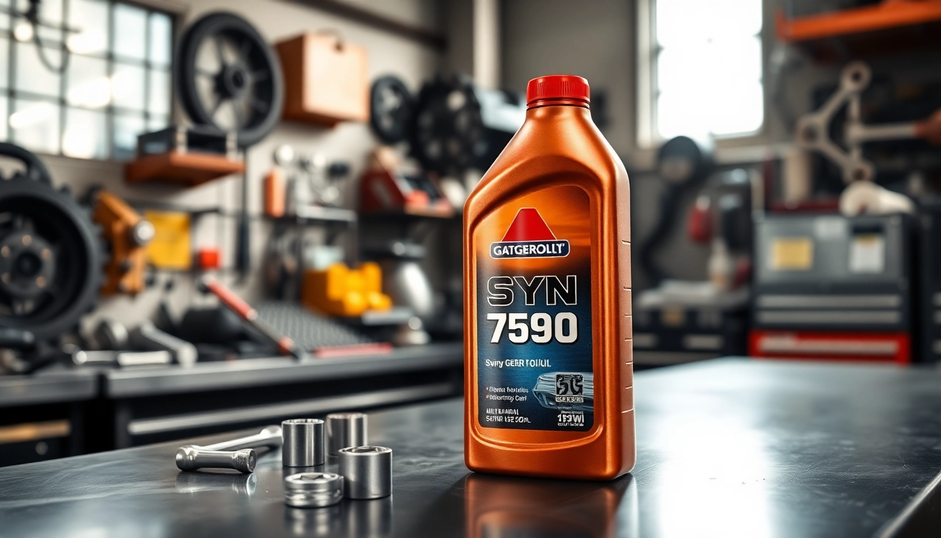 Showcase of syn gear oil 75w90 bottle in a mechanic's workshop environment emphasizing quality.