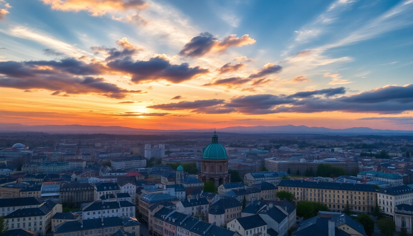 Zürich skyline at twilight, featuring illuminated buildings and a tranquil atmosphere.