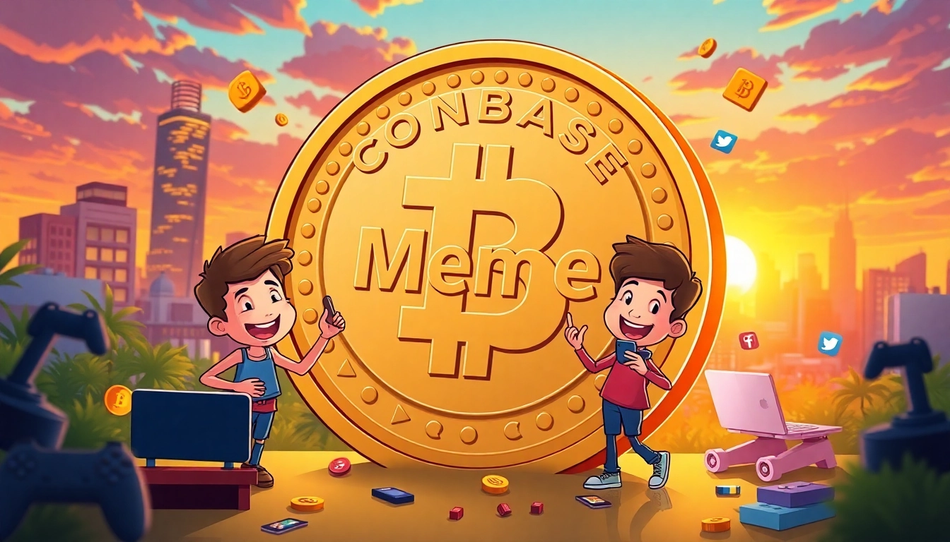 Introducing the vibrant Coinbase Meme Coin with animated characters celebrating its impact.