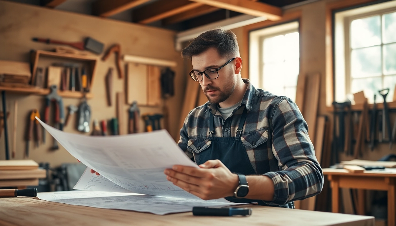 Find carpentry apprenticeship near me while a carpenter reviews plans in a well-equipped workshop.