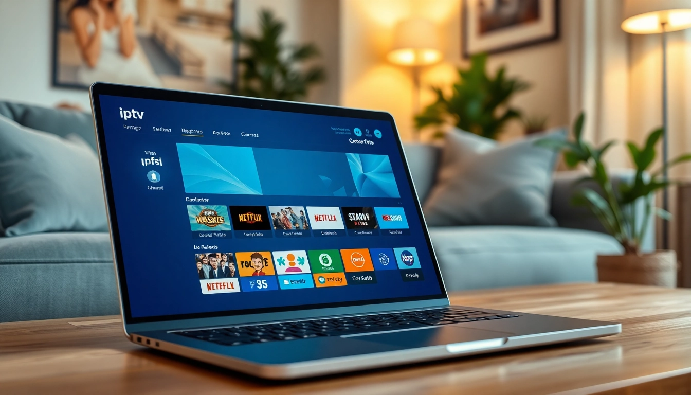 Engaging interface of an IPTV provider in UK displayed on a laptop in a cozy living room.