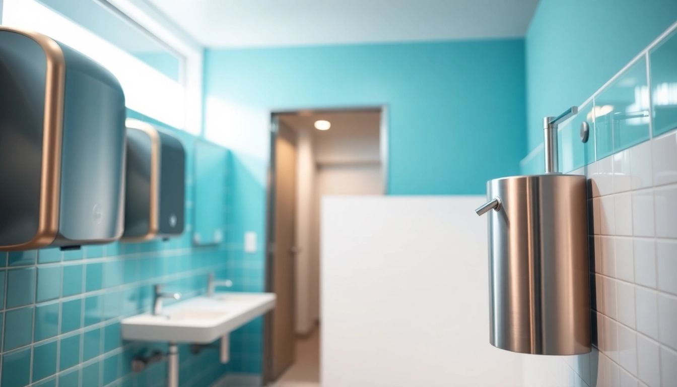 Showcasing commercial restroom supplies including hand dryers and soap dispensers in a modern setting.