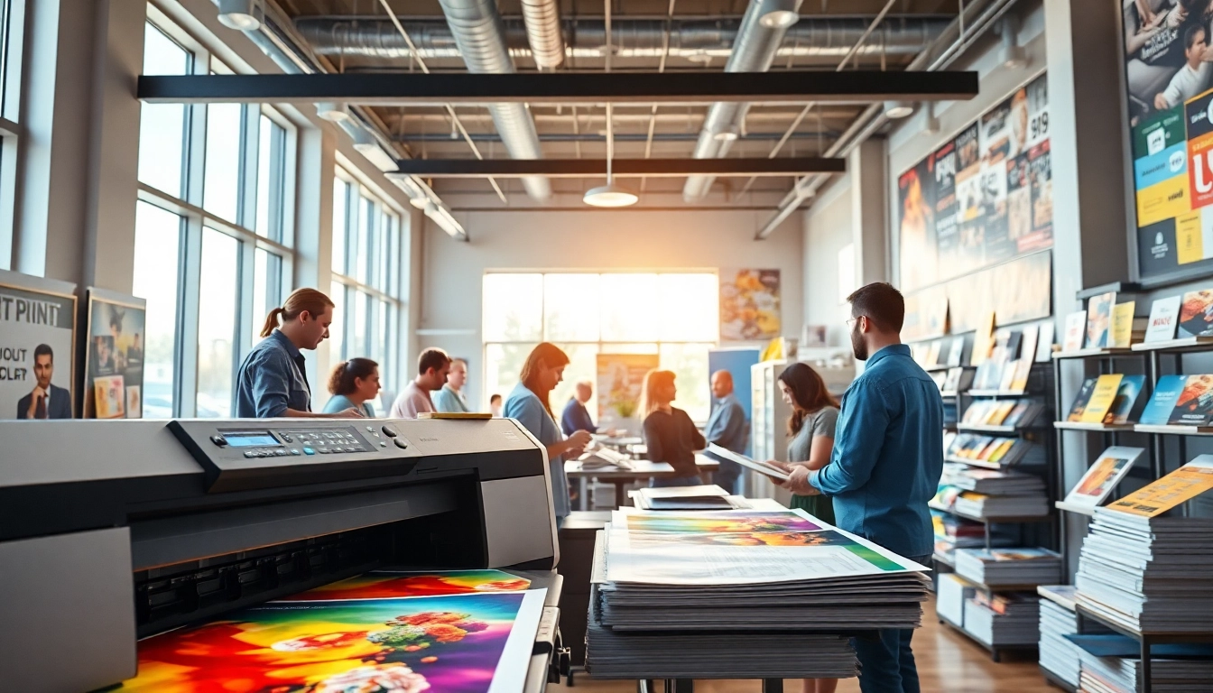Explore the vibrant atmosphere of an Edmonton print shop, showcasing a team engaged in printing services.