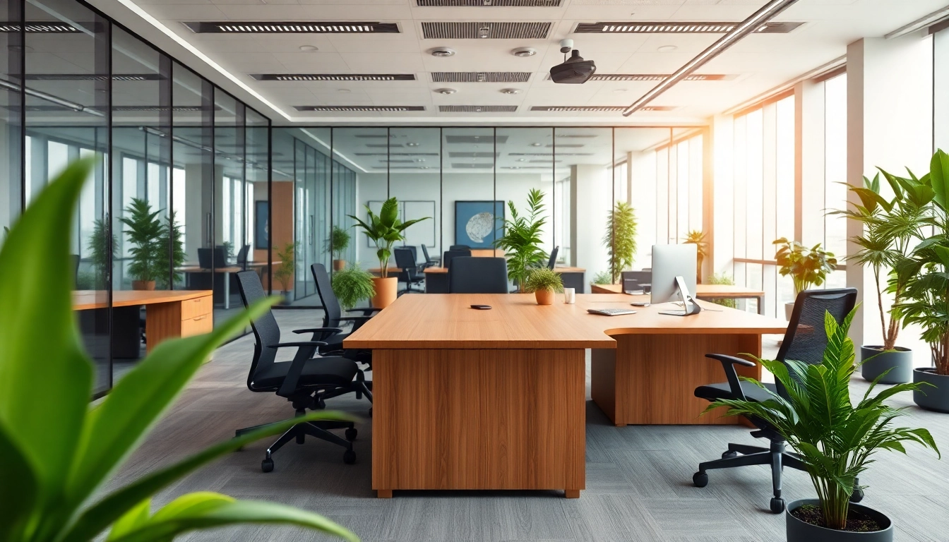 Showcase of an office space for rent in Bangalore with modern design and greenery.