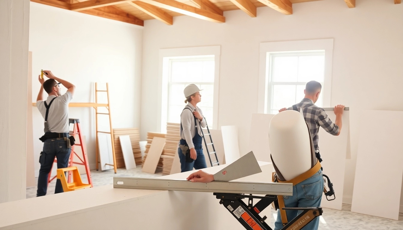 Drywall contractors skillfully installing sheets in a bright home environment.
