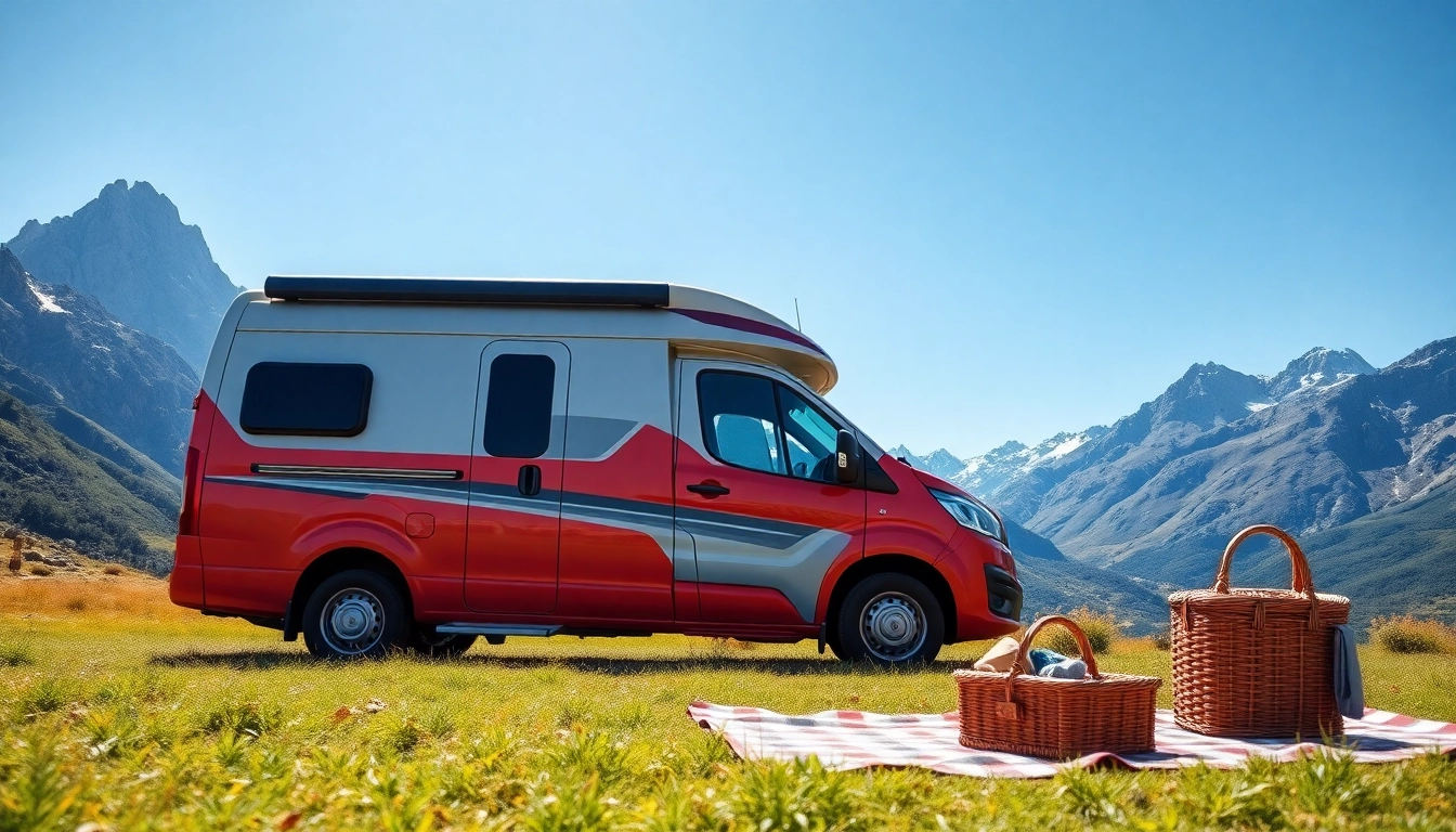 Discover the perfect campervan in a picturesque mountain setting with a picnic setup.
