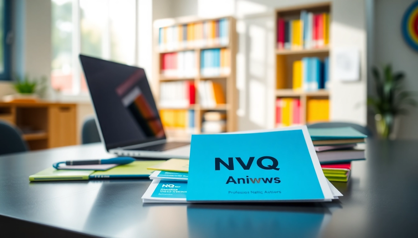 Students studying NVQ Answers with vibrant educational materials on a modern desk.