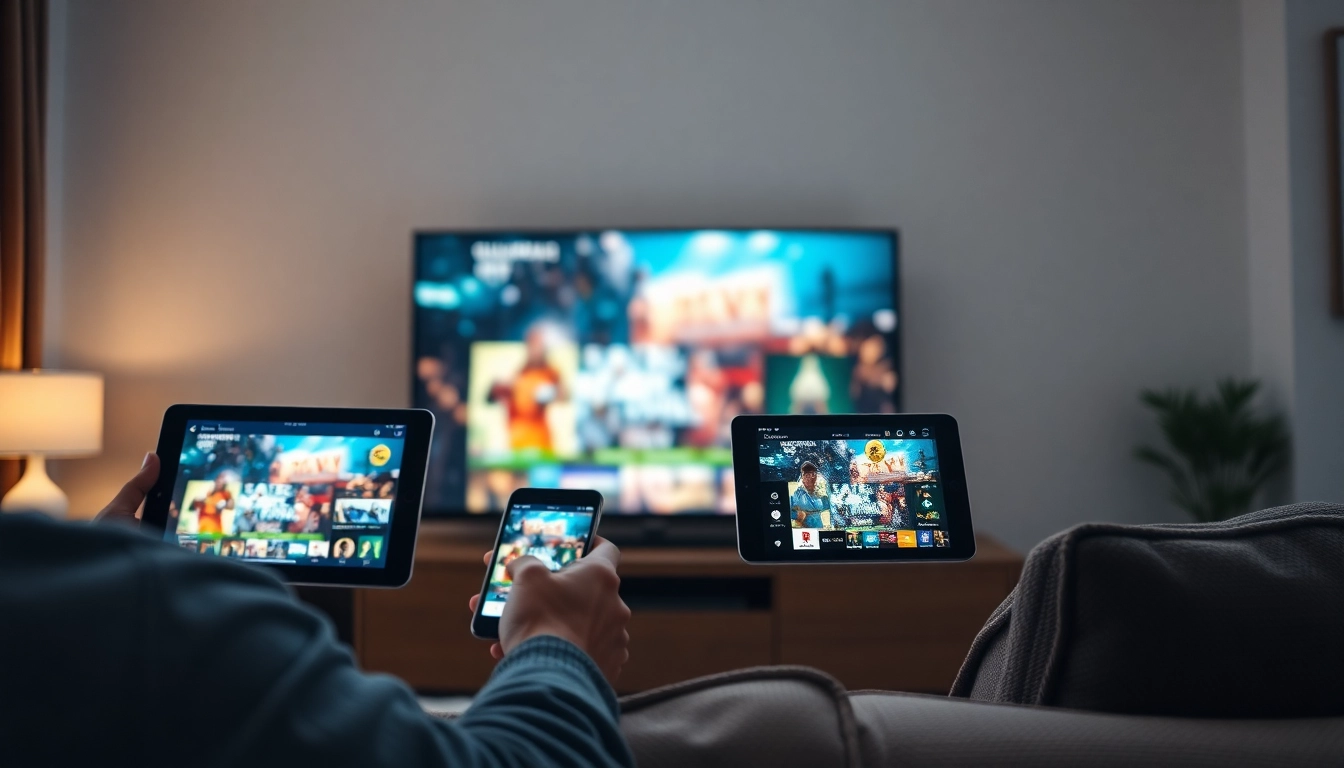 Experience IPTV subscription with multiple devices displaying vibrant entertainment content.