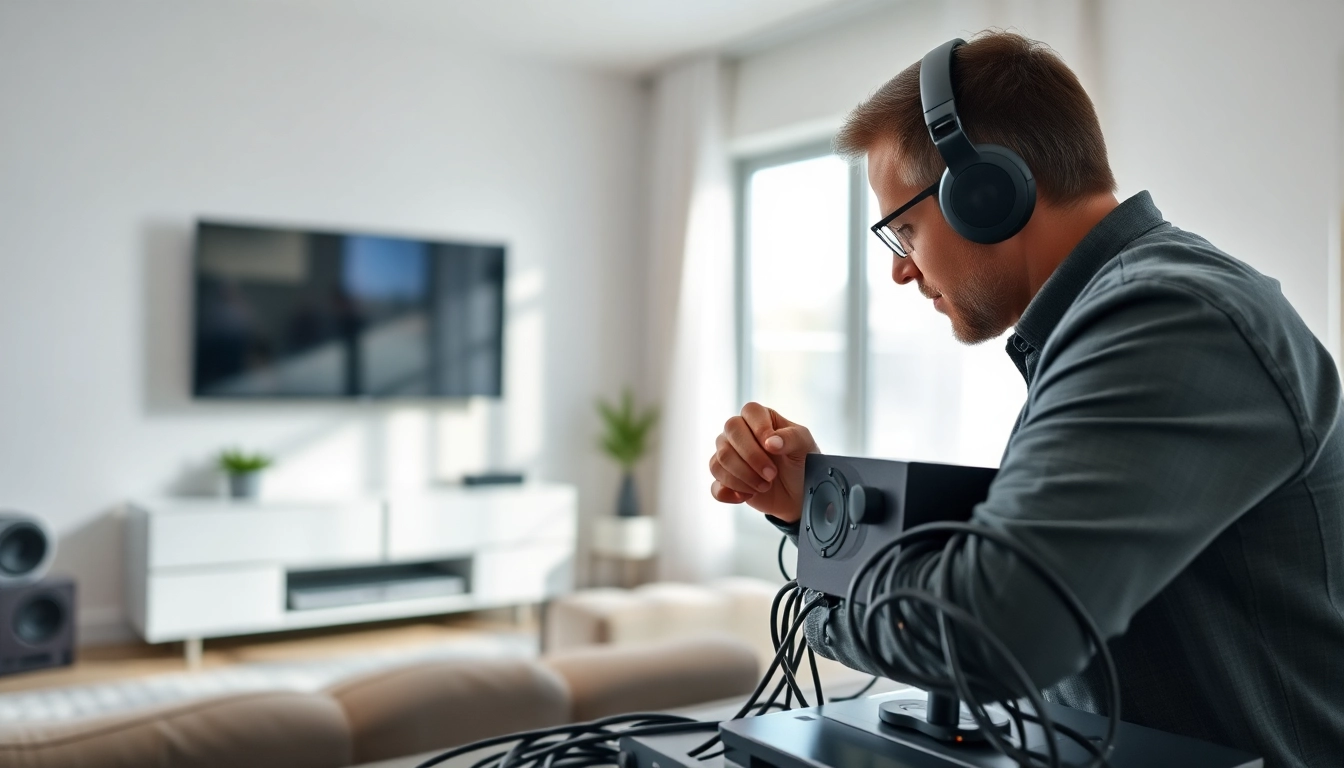 Showcasing home audio installation near me with a technician arranging high-end speakers.