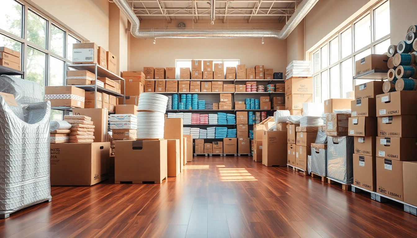 Packing Materials showcased in a well-lit store, highlighting diverse options like boxes and bubble wrap.