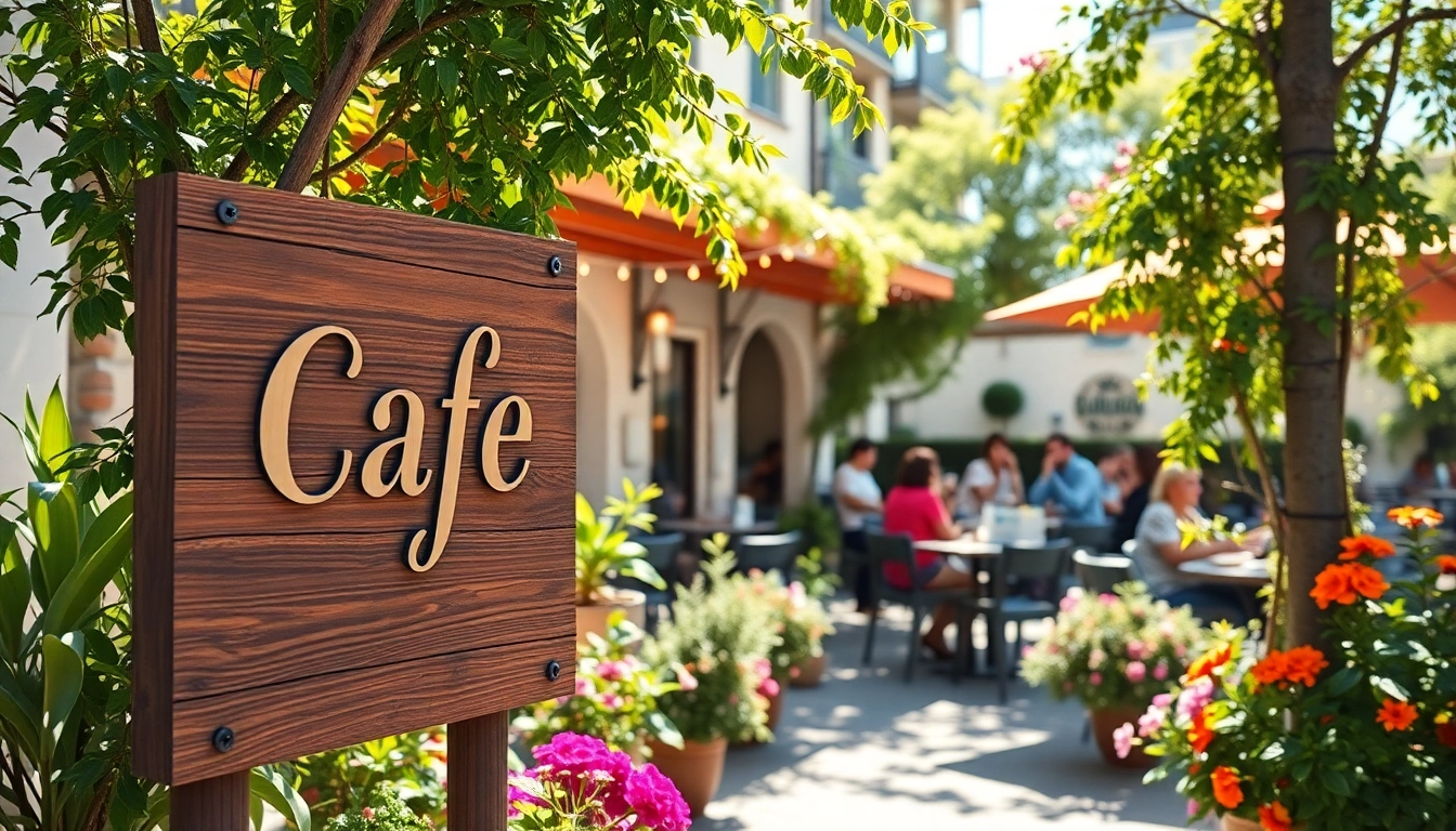 Engaging signs for cafes enhancing the inviting outdoor atmosphere of a bustling cafe.