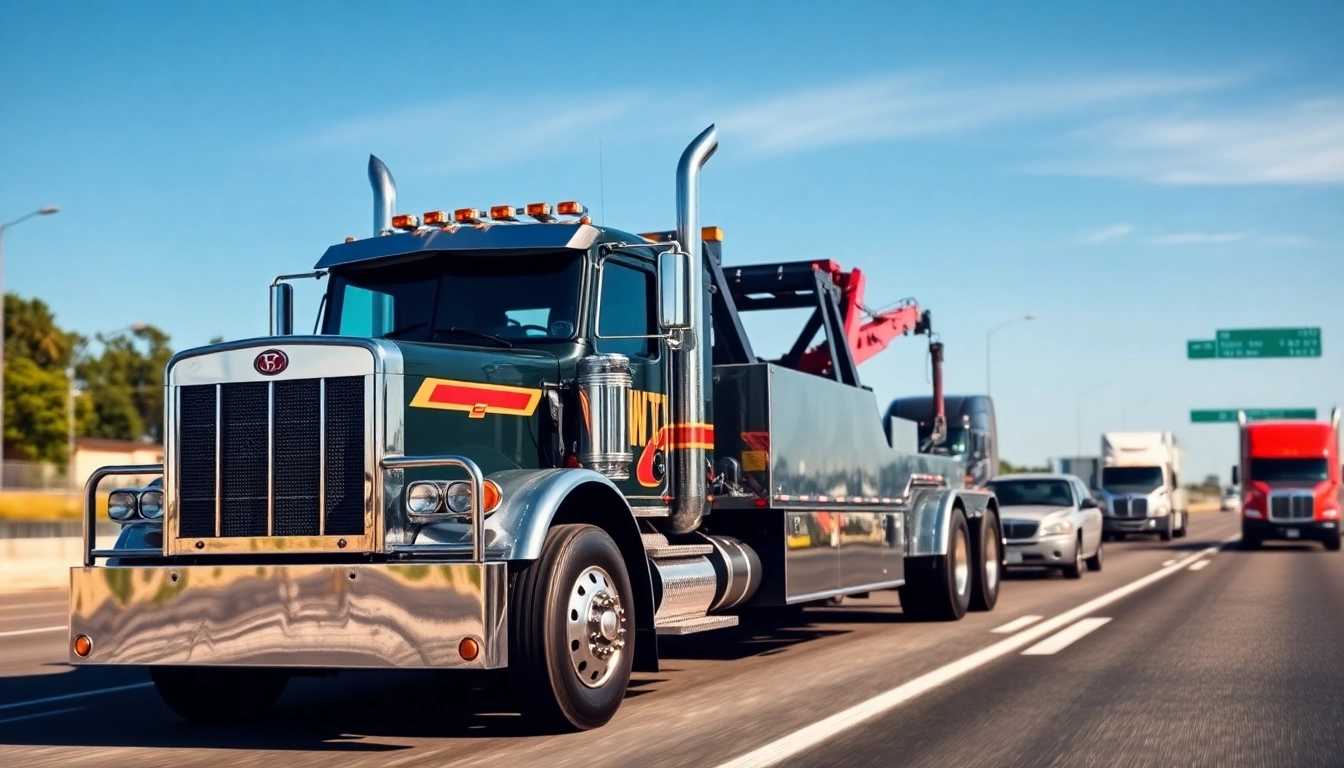 Heavy duty big rig tow truck ready for recovery on a busy highway, showcasing its powerful build.