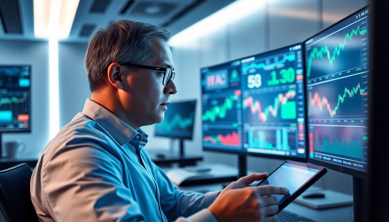 Engaged trader utilizing AI trading tools to analyze market data in a modern office.