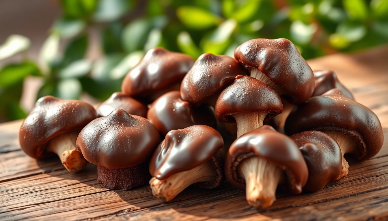 Savor chocolate mushrooms presented on a rustic table, highlighting their rich texture and inviting look.