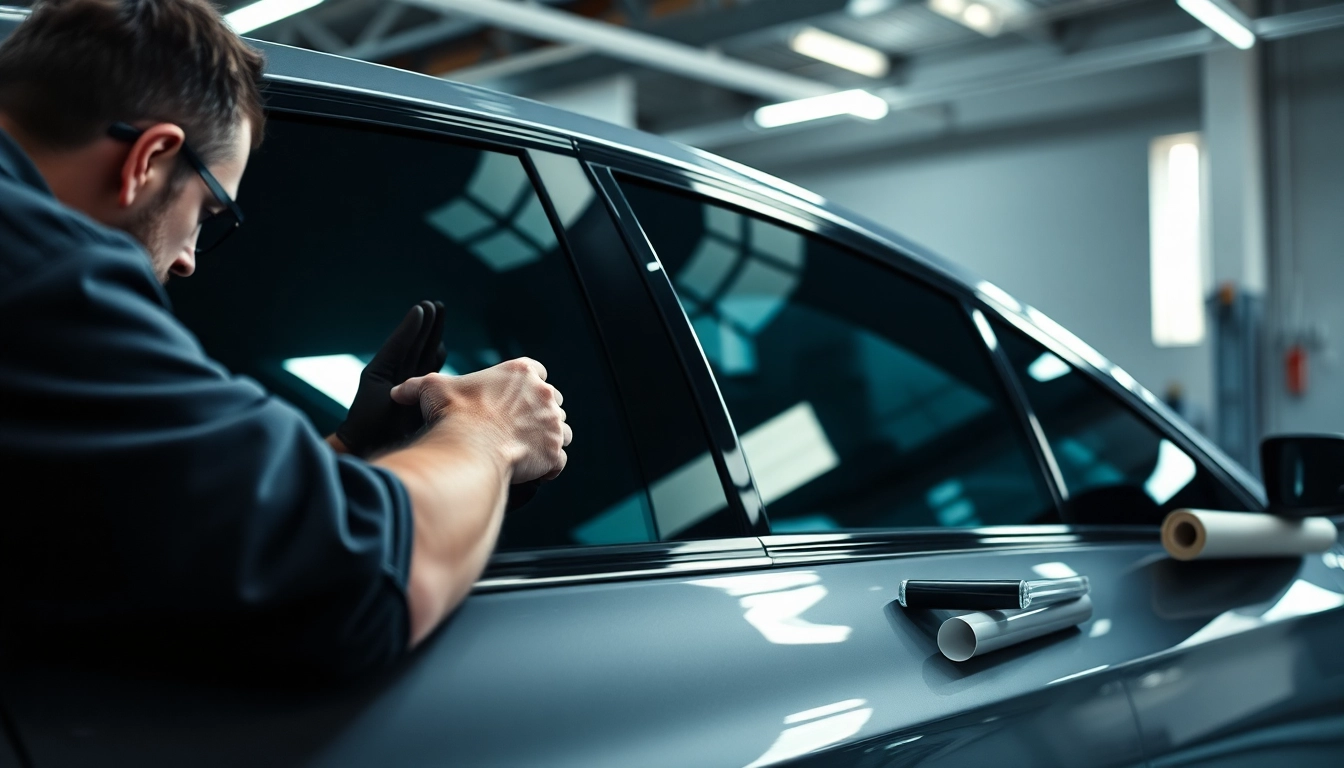 Install car tint expertly, highlighting a sleek vehicle and technician at work in a bright garage.