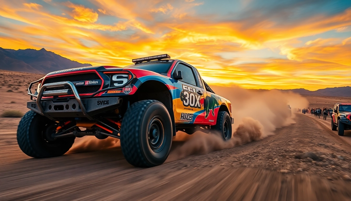 Baja race trucks competing in a thrilling off-road challenge across desert terrain.