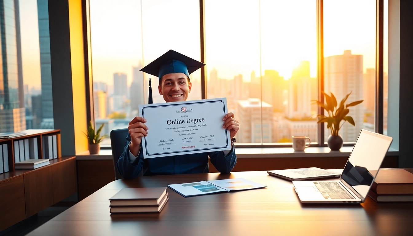 Showing a graduate proudly displaying a degree for sale online in a professional workspace.