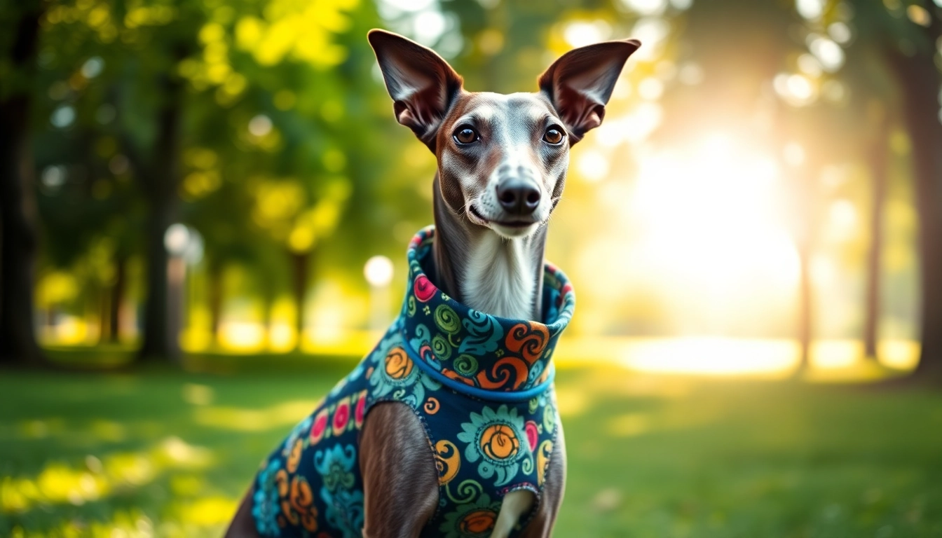 Stylish greyhound showcasing PIKAPIKA Greyhound Clothes in a sunlit park.
