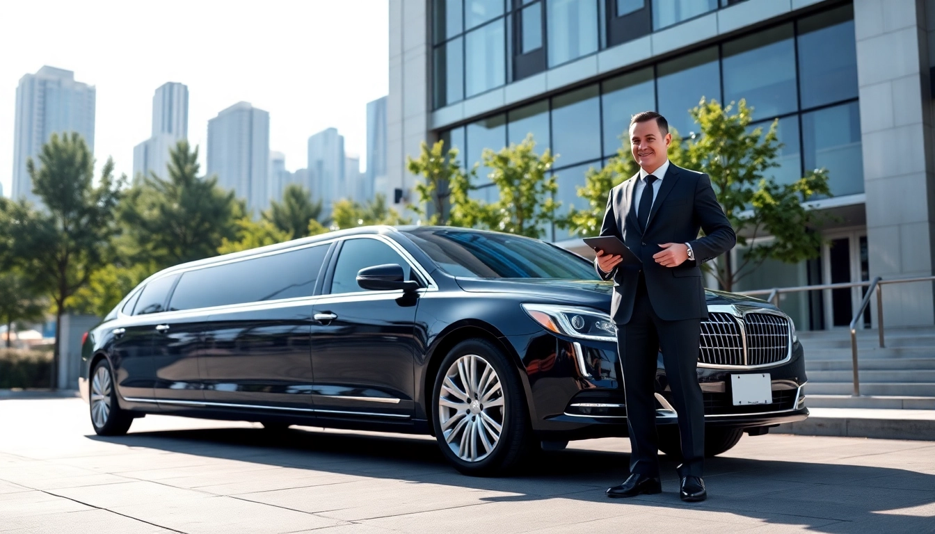 Professional corporate transport with a limousine and chauffeur outside a modern office building.
