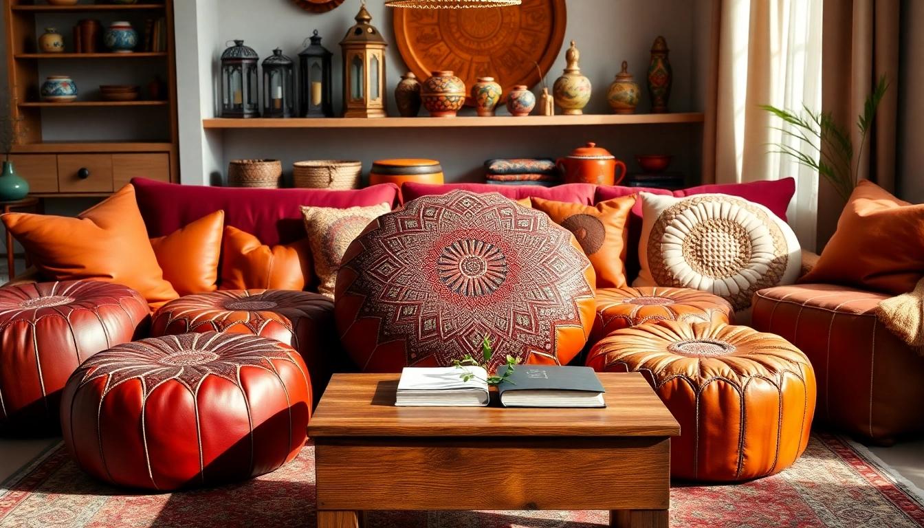 Stylish arrangement of Moroccan Leather Poufs and Ottomans in a vibrant living room setting.