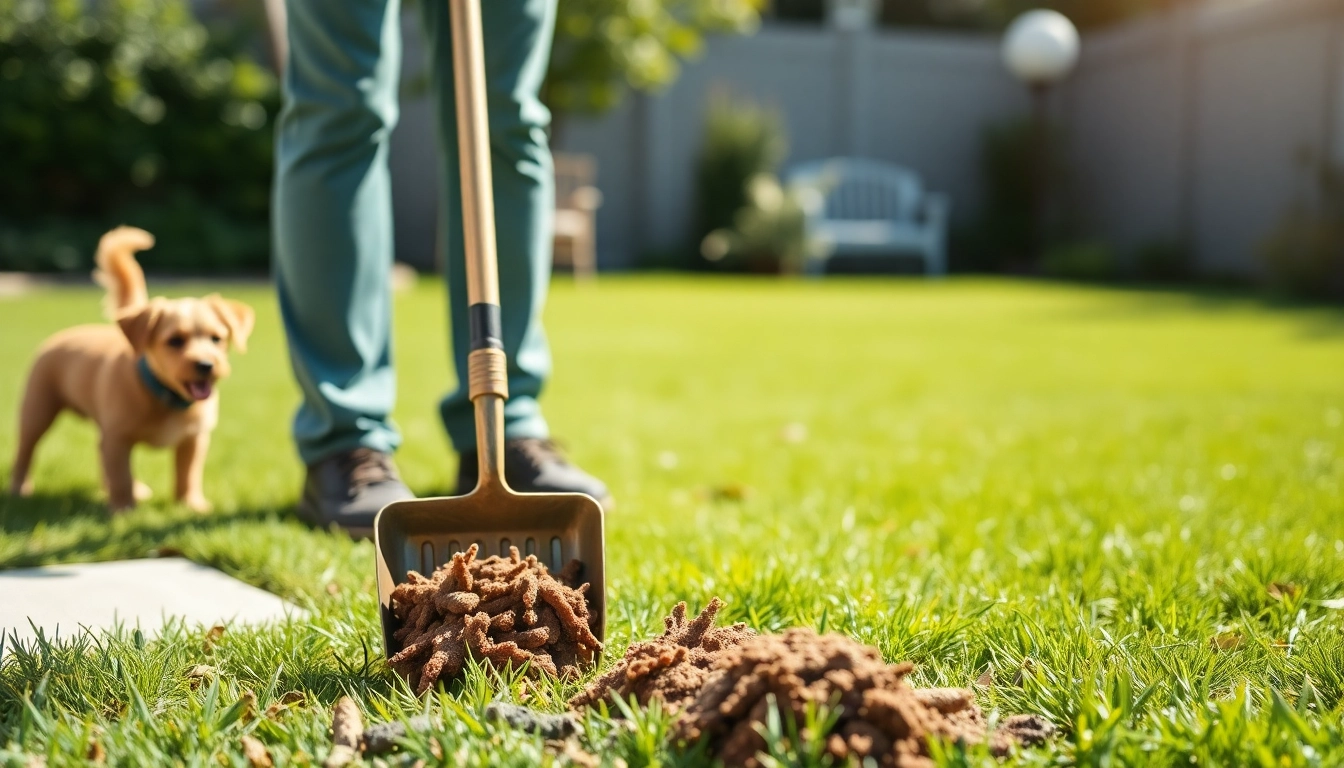 Clean up dog poop with a long-handled scoop in a sunny backyard scene.