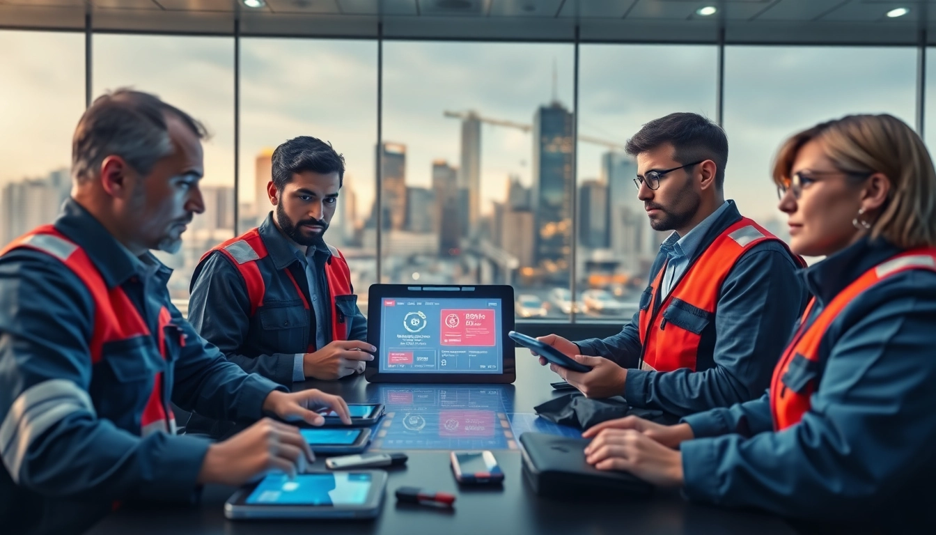 Engaged emergency team monitoring real-time safety alerts on digital screens in an urban setting.