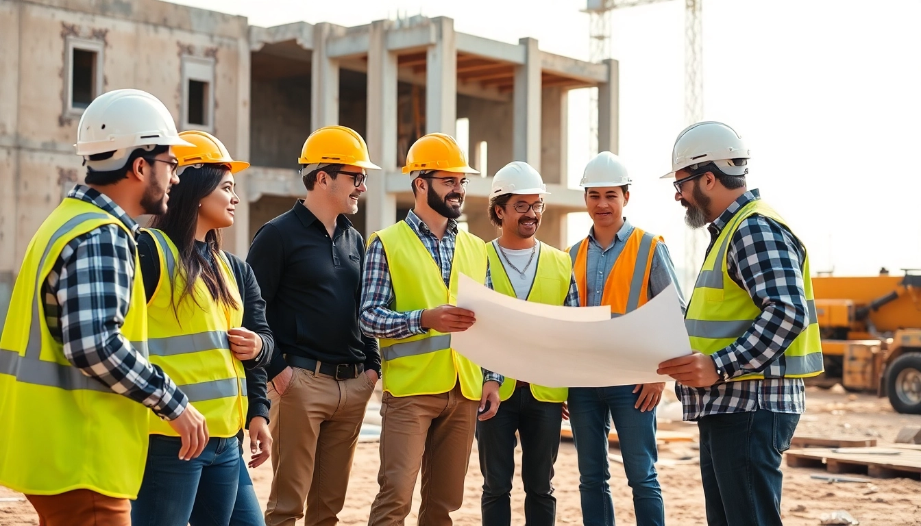Highlighting construction trade schools in Texas, diverse workers collaborate on a dynamic building site.