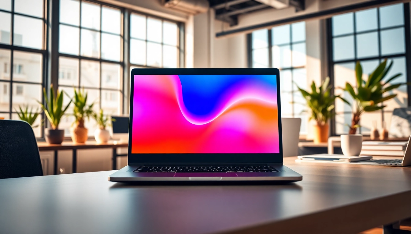 Αγόρασε refurbished laptop με φωτεινή οθόνη και σύγχρονη εμφάνιση, σε επαγγελματικό περιβάλλον.