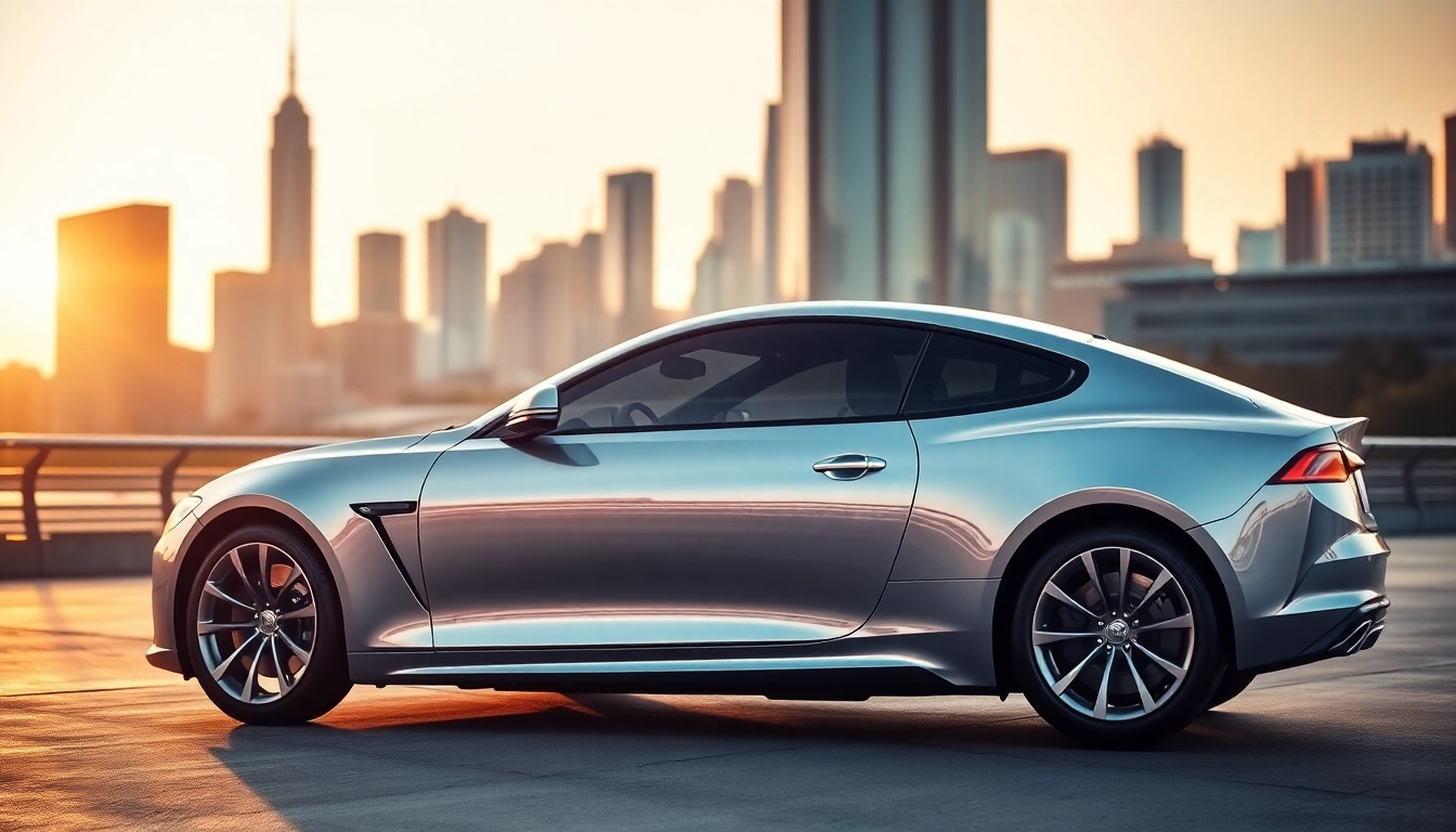 Showcase a modern design of the perfect car against a stunning city skyline at golden hour.