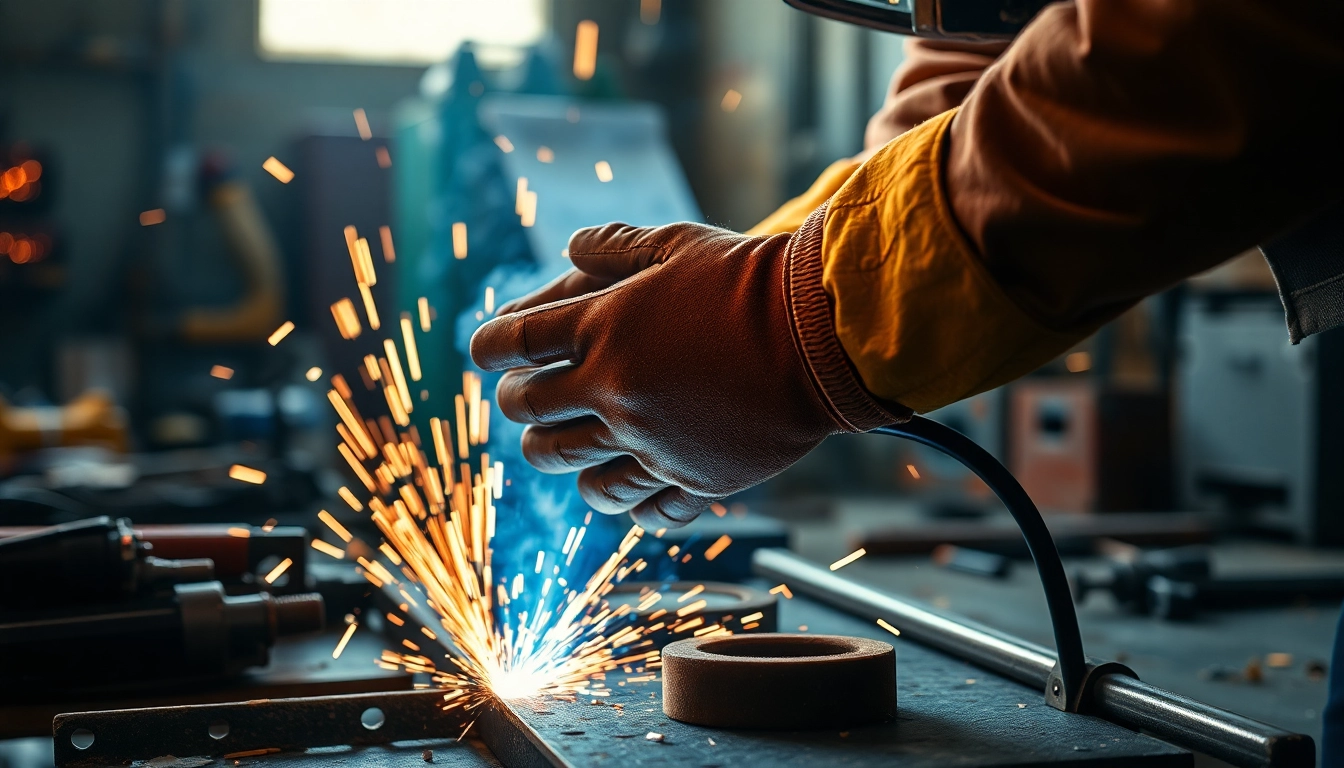 Skilled welder wearing protective welding gloves while performing MIG welding.