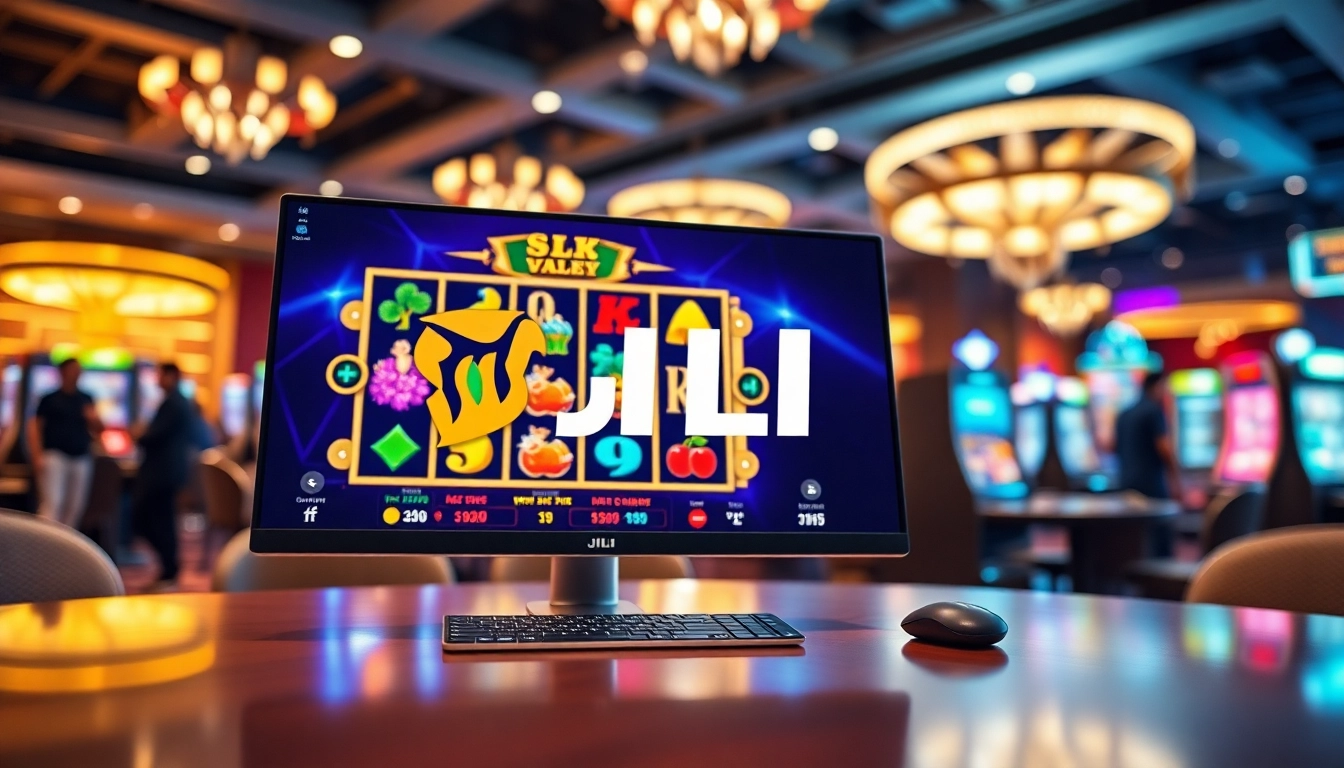 Engaging gameplay on a JILI slot machine interface set in a vibrant casino backdrop.