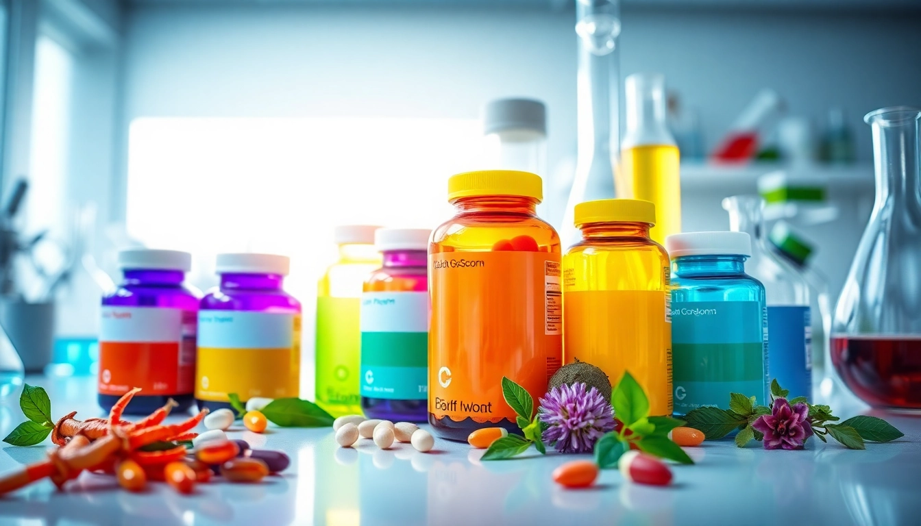 Showcasing the benefits of Global Formulas with nutritious health supplement products in a laboratory.