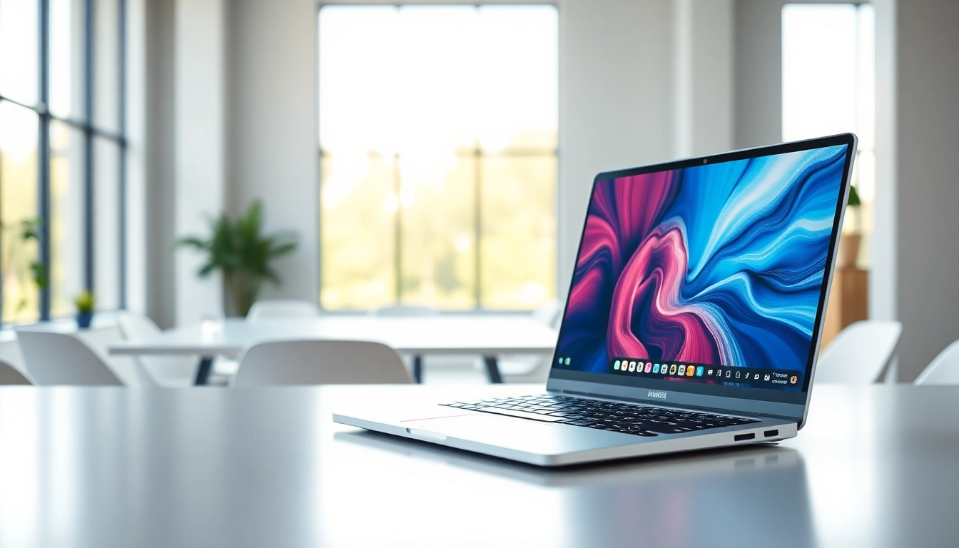 Desglose de laptops Huawei con diseño moderno en un entorno de oficina profesional.