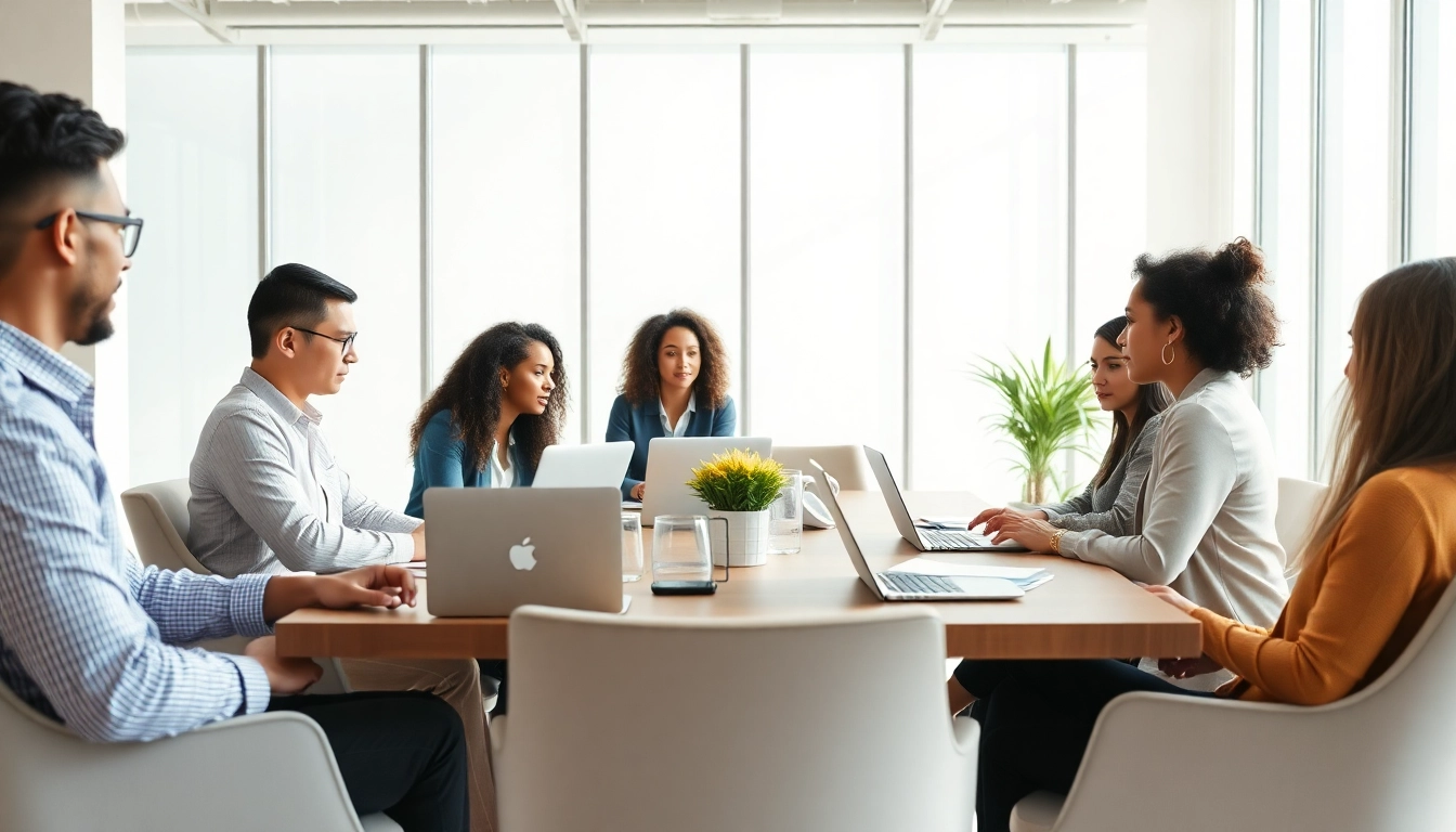 Virtual Assistants collaborating in a modern office environment, showcasing teamwork and productivity.