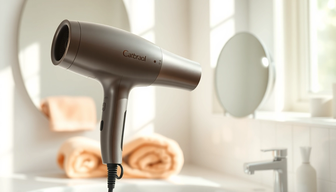 Showcase of a hair dryer for thin hair emphasizing sleek design and modern features in a bright bathroom.