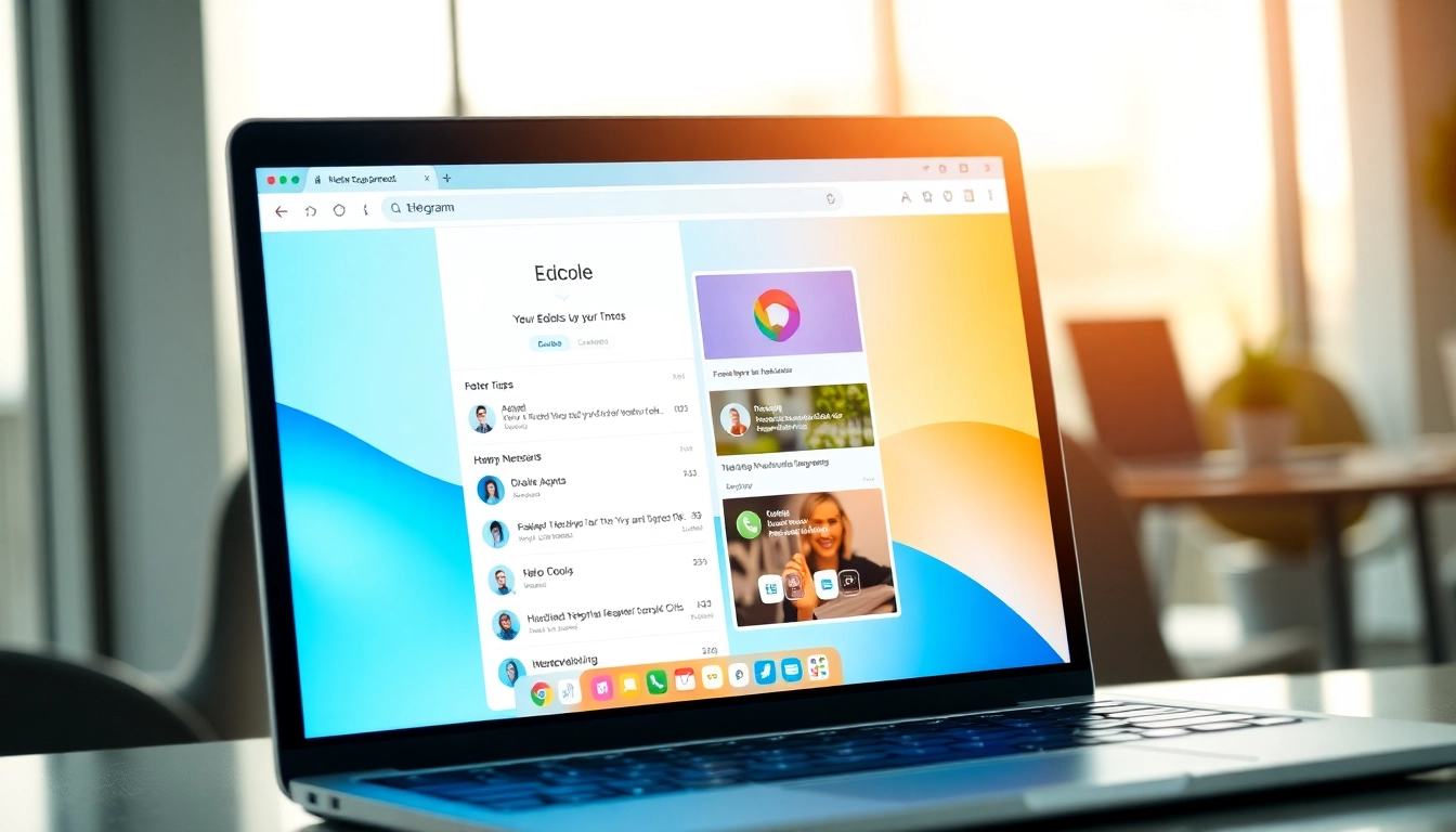 View Telegram電腦版 interface on a laptop screen in a contemporary workspace, demonstrating its features and ease of use.