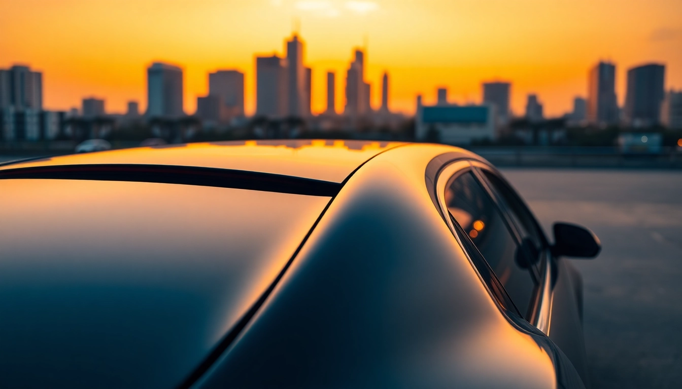 Experience car service atlanta with our luxurious black limousine against a stunning sunset backdrop.