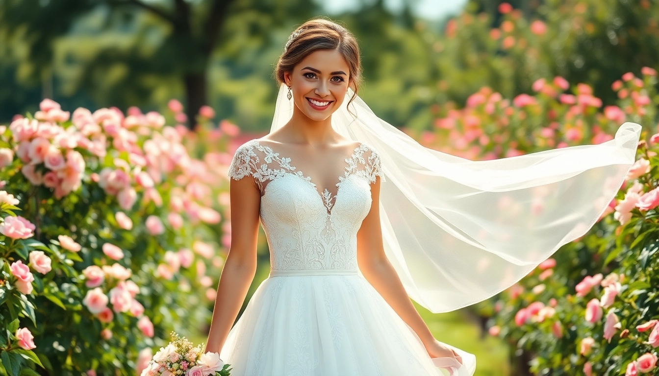 Showcasing a radiant bride in a fit and flare wedding dress, highlighted by a blossoming garden.
