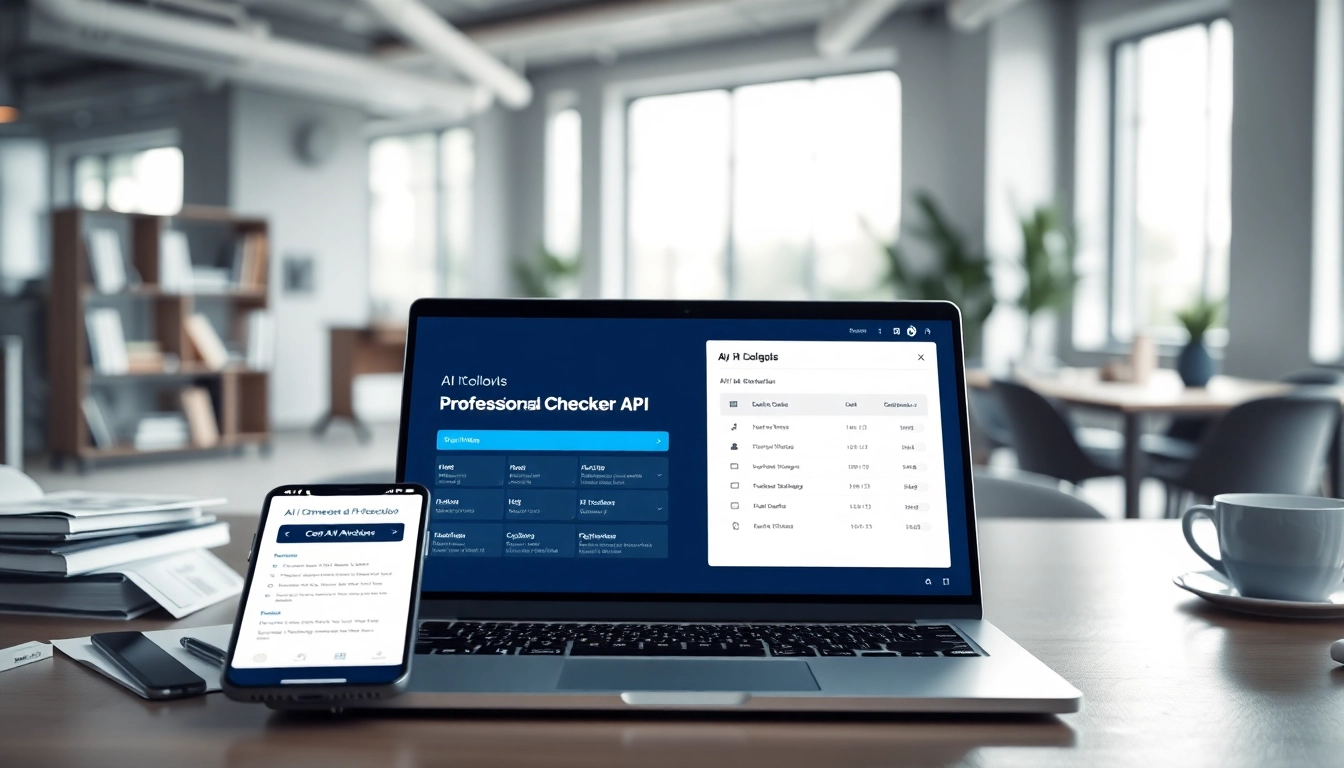 Analyze text with the AI checker tool on a modern laptop in a professional setting.